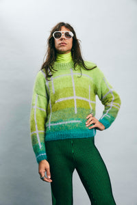 Ombré check mohair hand knit sweater - Aqua/Chartreuse