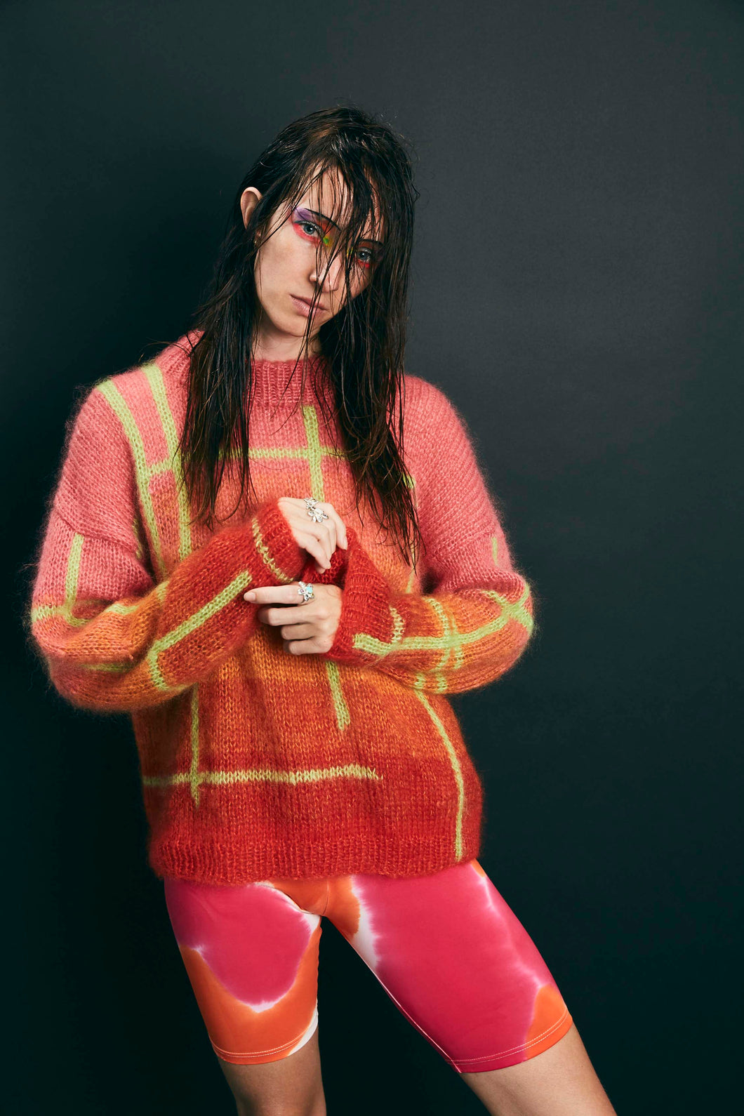 Ombré check mohair hand knit sweater - Pink/Orange